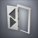 classic thick-frame Two Triangle Windows Door with fancy-profile frame and brass hardware, shown open in perspective view