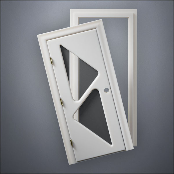 classic thick-frame Two Triangle Windows Door with fancy-profile frame and brass hardware, shown split open in front view