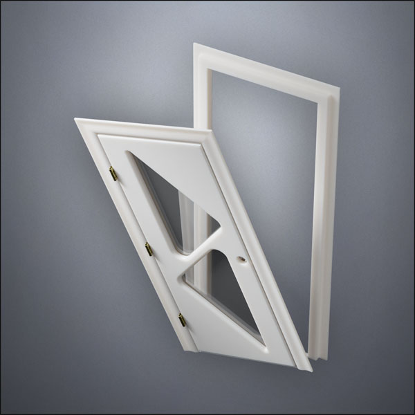 classic thick-frame Two Triangle Windows Door with fancy-profile frame and brass hardware, shown split open in perspective view