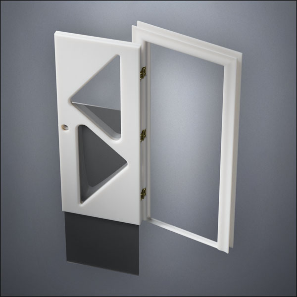 classic thick-frame Two Triangle Windows Door with fancy-profile frame and brass hardware, shown open with the removable pane separated in perspective view