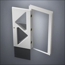 classic thick-frame Two Triangle Windows Door with fancy-profile frame and brass hardware, shown open with the removable pane separated in perspective view