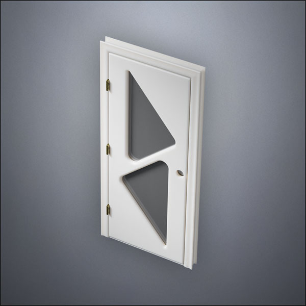 modern thin-frame Two Triangle Windows Door with fancy-profile frame and brass hardware, shown closed in perspective view