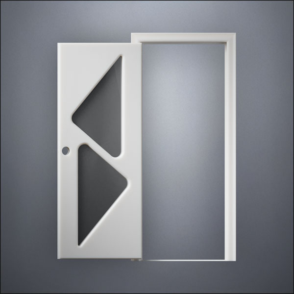 modern thin-frame Two Triangle Windows Door with fancy-profile frame and brass hardware, shown open in front view