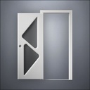 modern thin-frame Two Triangle Windows Door with fancy-profile frame and brass hardware, shown open in front view