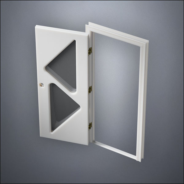 modern thin-frame Two Triangle Windows Door with fancy-profile frame and brass hardware, shown open in perspective view