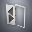 modern thin-frame Two Triangle Windows Door with fancy-profile frame and brass hardware, shown open in perspective view