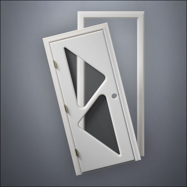 modern thin-frame Two Triangle Windows Door with fancy-profile frame and brass hardware, shown split open in front view