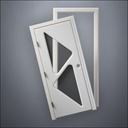 modern thin-frame Two Triangle Windows Door with fancy-profile frame and brass hardware, shown split open in front view