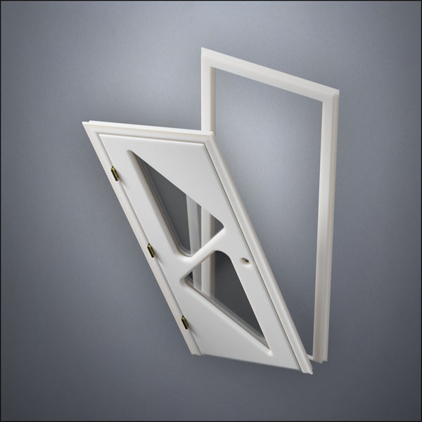 modern thin-frame Two Triangle Windows Door with fancy-profile frame and brass hardware, shown split open in perspective view