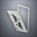 modern thin-frame Two Triangle Windows Door with fancy-profile frame and brass hardware, shown split open in perspective view