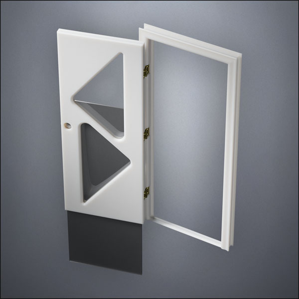 modern thin-frame Two Triangle Windows Door with fancy-profile frame and brass hardware, shown open with the removable pane separated in perspective view