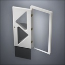 modern thin-frame Two Triangle Windows Door with fancy-profile frame and brass hardware, shown open with the removable pane separated in perspective view
