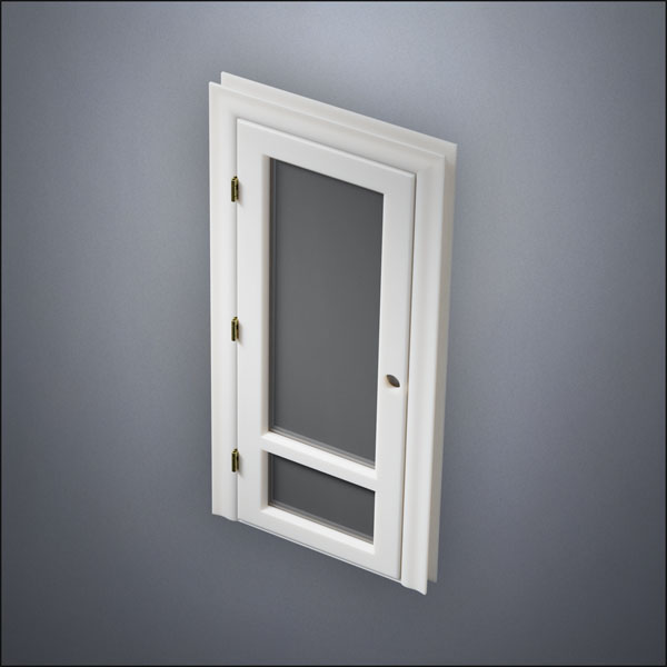 classic thick-frame 3/4 & 1/4 Windows Door with fancy-profile frame and brass hardware, shown closed in perspective view