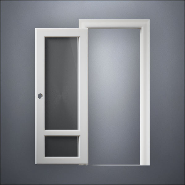 classic thick-frame 3/4 & 1/4 Windows Door with fancy-profile frame and brass hardware, shown open in front view