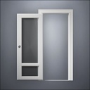 classic thick-frame 3/4 & 1/4 Windows Door with fancy-profile frame and brass hardware, shown open in front view