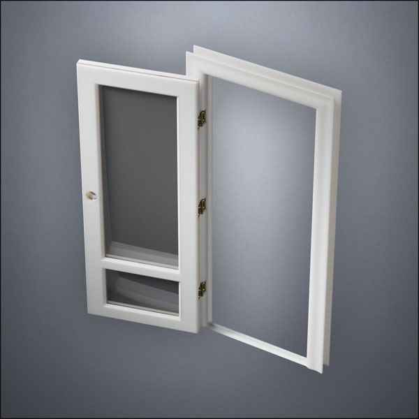 classic thick-frame 3/4 & 1/4 Windows Door with fancy-profile frame and brass hardware, shown open in perspective view