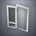 classic thick-frame 3/4 & 1/4 Windows Door with fancy-profile frame and brass hardware, shown open in perspective view