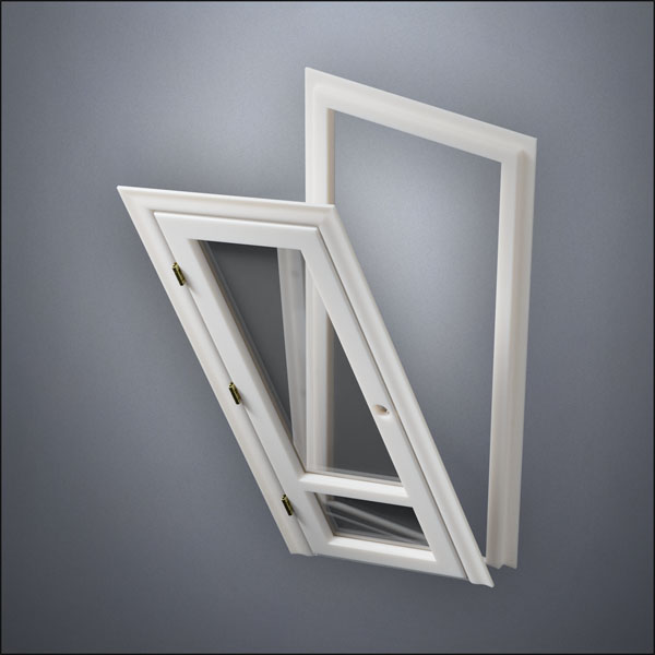 classic thick-frame 3/4 & 1/4 Windows Door with fancy-profile frame and brass hardware, shown split open in perspective view