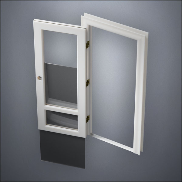 classic thick-frame 3/4 & 1/4 Windows Door with fancy-profile frame and brass hardware, shown open with the removable pane separated in perspective view