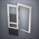 classic thick-frame 3/4 & 1/4 Windows Door with fancy-profile frame and brass hardware, shown open with the removable pane separated in perspective view