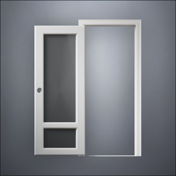 modern thin-frame 3/4 & 1/4 Windows Door with fancy-profile frame and brass hardware, shown open in front view