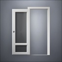 modern thin-frame 3/4 & 1/4 Windows Door with fancy-profile frame and brass hardware, shown open in front view