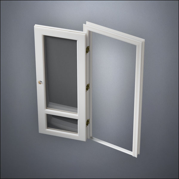 modern thin-frame 3/4 & 1/4 Windows Door with fancy-profile frame and brass hardware, shown open in perspective view