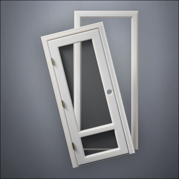 modern thin-frame 3/4 & 1/4 Windows Door with fancy-profile frame and brass hardware, shown split open in front view