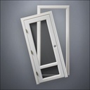 modern thin-frame 3/4 & 1/4 Windows Door with fancy-profile frame and brass hardware, shown split open in front view