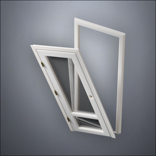 modern thin-frame 3/4 & 1/4 Windows Door with fancy-profile frame and brass hardware, shown split open in perspective view