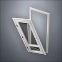 modern thin-frame 3/4 & 1/4 Windows Door with fancy-profile frame and brass hardware, shown split open in perspective view