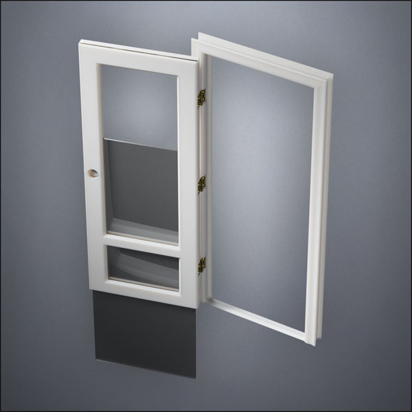 modern thin-frame 3/4 & 1/4 Windows Door with fancy-profile frame and brass hardware, shown open with the removable pane separated in perspective view