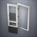 modern thin-frame 3/4 & 1/4 Windows Door with fancy-profile frame and brass hardware, shown open with the removable pane separated in perspective view
