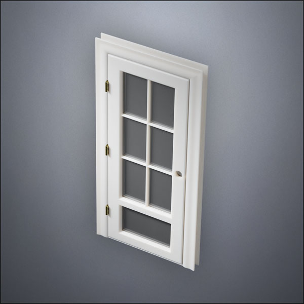 classic thick-frame 3/4 Six Pane & 1/4 Window Door with fancy-profile frame and brass hardware, shown closed in perspective view