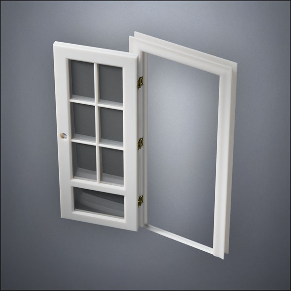 classic thick-frame 3/4 Six Pane & 1/4 Window Door with fancy-profile frame and brass hardware, shown open in perspective view