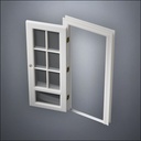 classic thick-frame 3/4 Six Pane & 1/4 Window Door with fancy-profile frame and brass hardware, shown open in perspective view