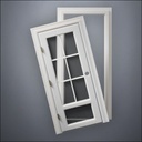 classic thick-frame 3/4 Six Pane & 1/4 Window Door with fancy-profile frame and brass hardware, shown split open in front view