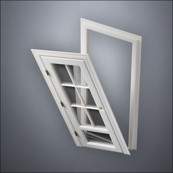 classic thick-frame 3/4 Six Pane & 1/4 Window Door with fancy-profile frame and brass hardware, shown split open in perspective view
