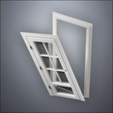 classic thick-frame 3/4 Six Pane & 1/4 Window Door with fancy-profile frame and brass hardware, shown split open in perspective view