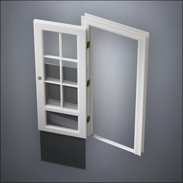 classic thick-frame 3/4 Six Pane & 1/4 Window Door with fancy-profile frame and brass hardware, shown open with the removable pane separated in perspective view