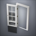 classic thick-frame 3/4 Six Pane & 1/4 Window Door with fancy-profile frame and brass hardware, shown open with the removable pane separated in perspective view