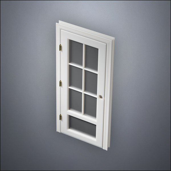 modern thin-frame 3/4 Six Pane & 1/4 Window Door with fancy-profile frame and brass hardware, shown closed in perspective view