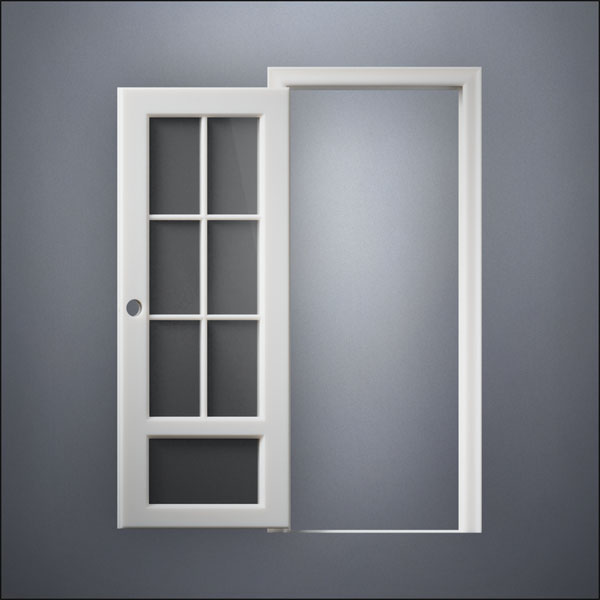 modern thin-frame 3/4 Six Pane & 1/4 Window Door with fancy-profile frame and brass hardware, shown open in front view