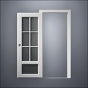 modern thin-frame 3/4 Six Pane & 1/4 Window Door with fancy-profile frame and brass hardware, shown open in front view