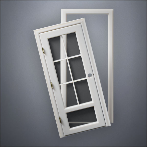 modern thin-frame 3/4 Six Pane & 1/4 Window Door with fancy-profile frame and brass hardware, shown split open in front view