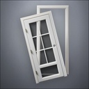 modern thin-frame 3/4 Six Pane & 1/4 Window Door with fancy-profile frame and brass hardware, shown split open in front view
