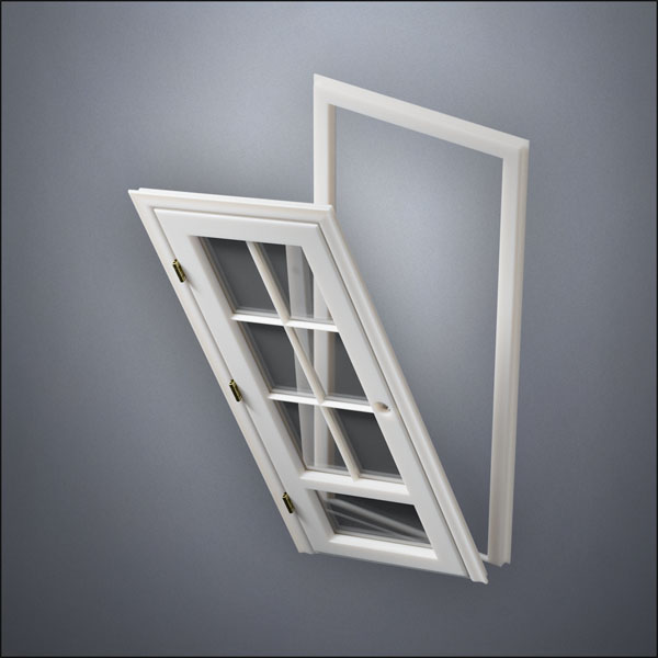 modern thin-frame 3/4 Six Pane & 1/4 Window Door with fancy-profile frame and brass hardware, shown split open in perspective view