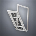modern thin-frame 3/4 Six Pane & 1/4 Window Door with fancy-profile frame and brass hardware, shown split open in perspective view