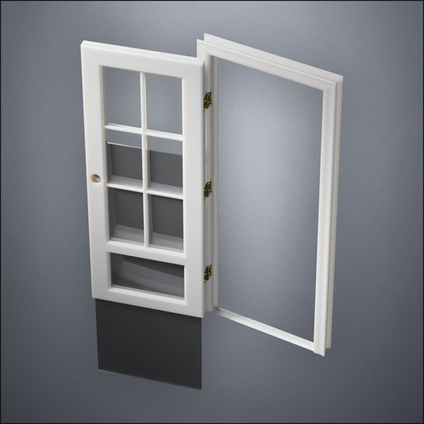 modern thin-frame 3/4 Six Pane & 1/4 Window Door with fancy-profile frame and brass hardware, shown open with the removable pane separated in perspective view