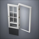 modern thin-frame 3/4 Six Pane & 1/4 Window Door with fancy-profile frame and brass hardware, shown open with the removable pane separated in perspective view